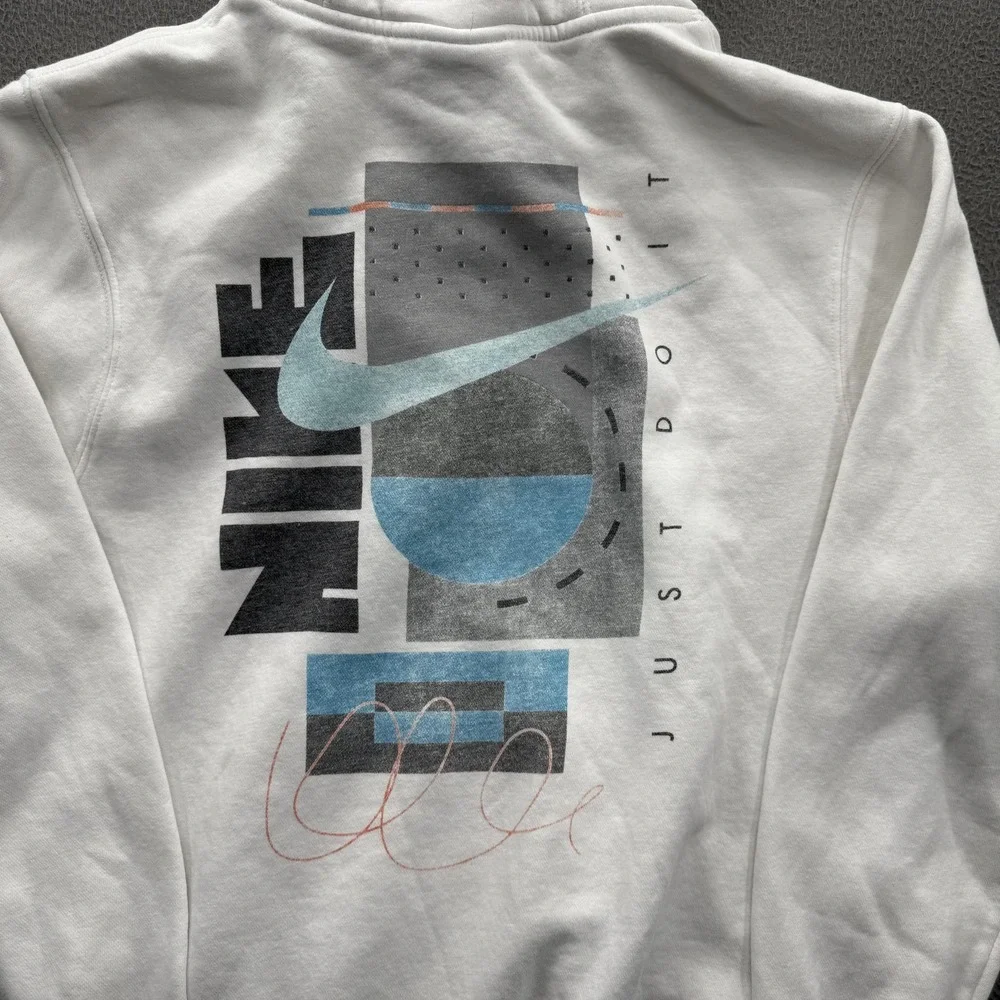 Nike Hoodie Mens Small White Just Do It Back Graphic Pullover Fleece Sweatshirt